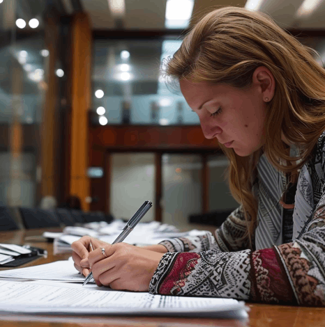 A graduate student reviews a thesis draft while Hungarian translation services ensure consistent citations and terminology.