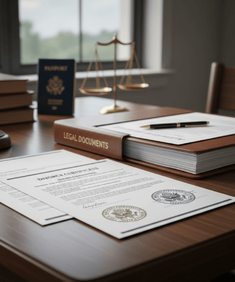 An ATA-credentialed linguist signs a statement beside a stamped divorce certificate translation prepared for USCIS review.