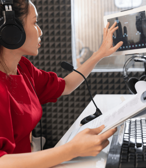Audio describer narrating essential visual elements, significantly enhancing content engagement for visually impaired users. Audio describer narrating essential visual elements, significantly enhancing content engagement for visually impaired users.