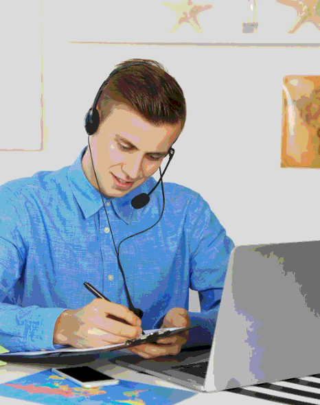 A project manager reviews a bilingual French and English transcript from French Transcription Services beside the audio.