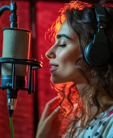 A client joins a remote session on video call while Italian Voice Over Services are recorded and approved for business use.