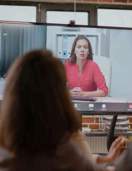 A corporate producer checks a webinar caption timeline for timing and typos using business language subtitling services.
