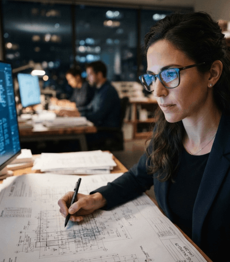 A translator compares CAD drawings and notes as Tibetan translation services deliver accurate engineering diagram labels.
