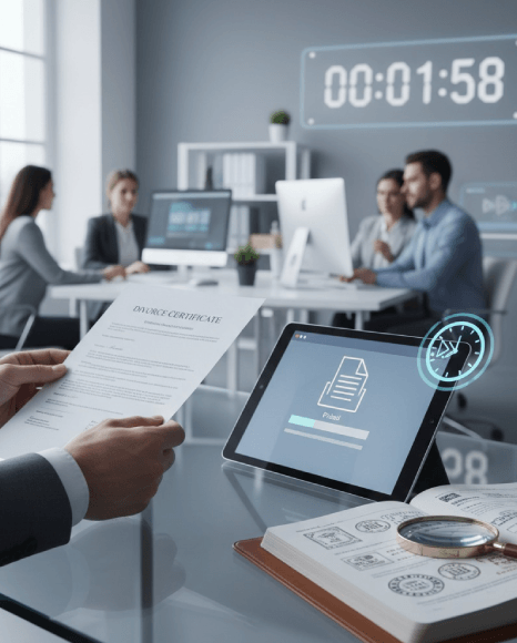 A reviewer checks names, dates, and stamps to finish certified divorce certificate translation for guaranteed acceptance.