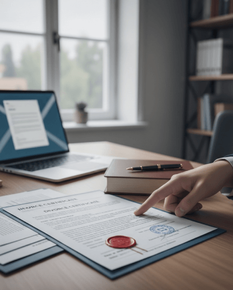 A certified linguist stamps and signs the competency statement for divorce certificate translation before court filing.