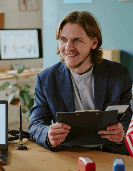 A client receives digital and printed certified pages, showing Norwegian translation services prepared for USCIS submission.