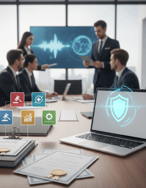 A QA lead audits Webinar Transcription Services samples against credential checklists for legal, medical, and finance teams.