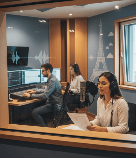 A French Voiceover Services expert team records in a studio while editors and engineers monitor sound for reliable results.