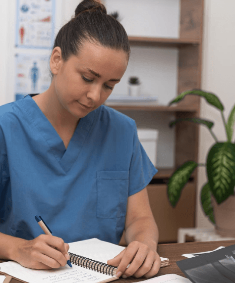 A clinician reviews clear clinical documentation on a tablet while medical transcription services finalize the SOAP note.