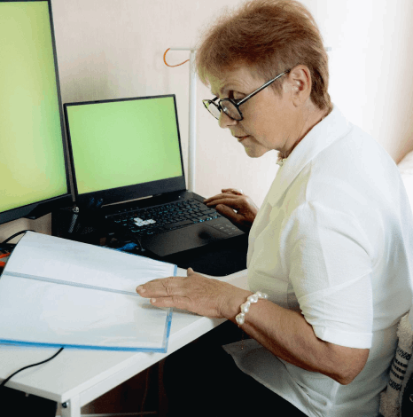 A translator reviews client chat notes and a style guide, delivering Bulgarian translation services for clear communication.