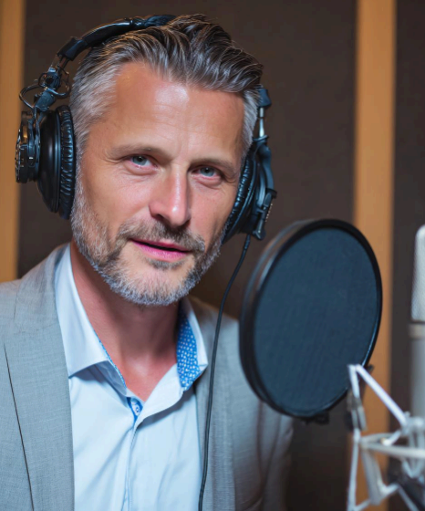 A voice artist records Haitian Creole Voice Over Services, reading a script with clear and engaging narration in a studio.
