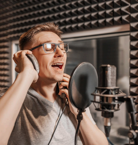 A native narrator records in a studio booth for Haitian Creole Voice Over Services, delivering clear native narration.