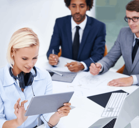 A project manager reviews Swedish transcription services for a corporate meeting, with speaker tags and action items shown.