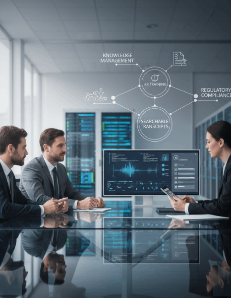 A learning admin imports transcripts into an LMS as Webinar Transcription Services deliver indexed corporate training.