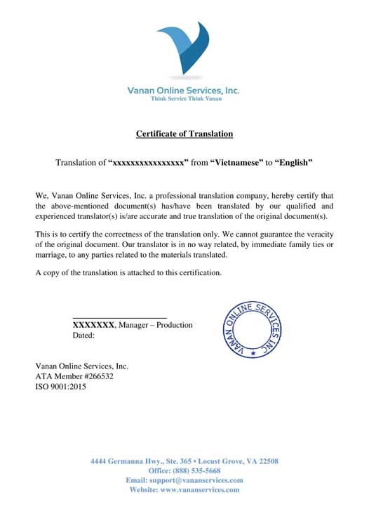 Certificate of Translation Sample
