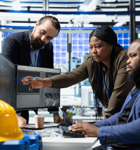 At a shipping office, a team uses MSDS Translation Services during a customs review of SDS documents for export clearance.