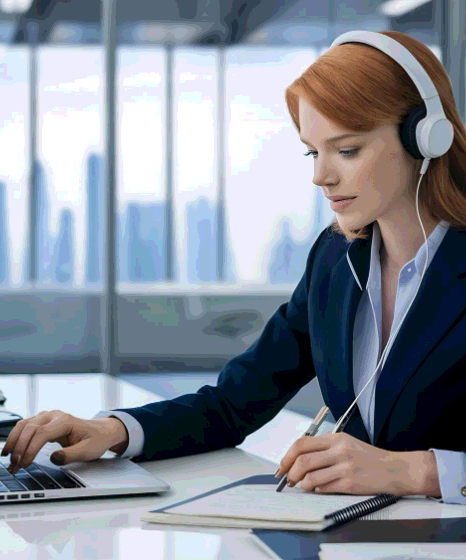 A transcriber uses audio cleanup tools as Russian Transcription Services support a detailed review for legal recordings.
