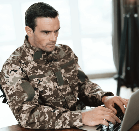 A translator compares a manual, mission report, and spec sheet, showing Military Translation Services for document types.