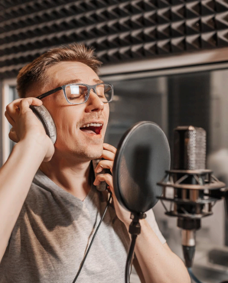 A dubbing booth records Hindi and Tamil tracks for diverse audiences, delivering language voice over services.