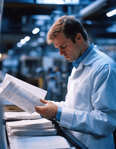 A coordinator tracks versions and approvals in a shared workflow, using end-to-end manufacturing translation services.