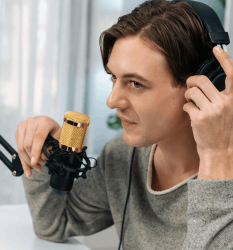 A narrator records an audiobook, using Voice Over Styles and engaging storytelling with clear emotion and steady pacing.