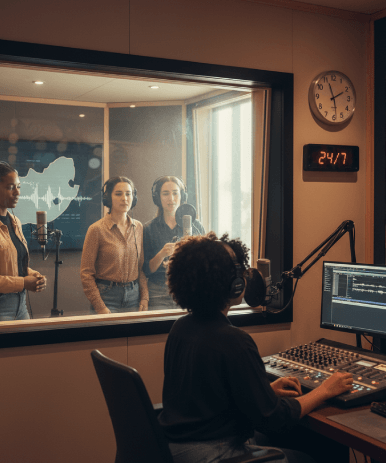 A South African voice artist records in a pro booth for South African Voice Over Services excellence with clear and natural.