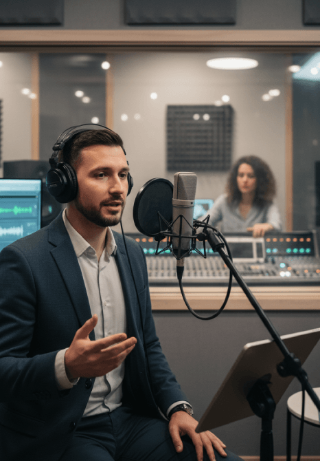 A voice actor marks up an industry-specific script in a studio booth, preparing Romanian VoiceOver Services for a product ad.