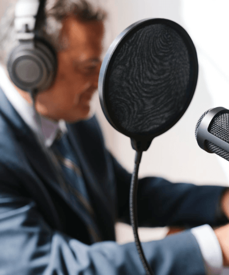 A voice actor records deep female lines as a producer labels types in Deep Voiceover Services for a brand video.