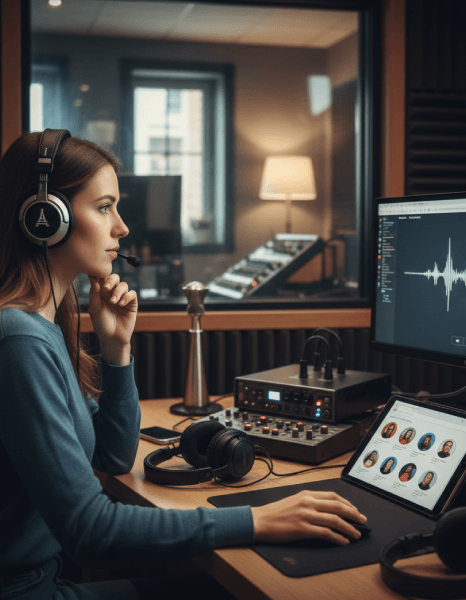 A client listens to French Voiceover Services voice samples on a website, comparing tone options to pick the right fit.