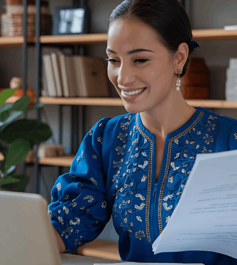 An analyst compares a Hindi report to its English draft using Hindi Translation Services, preserving figures, headings.