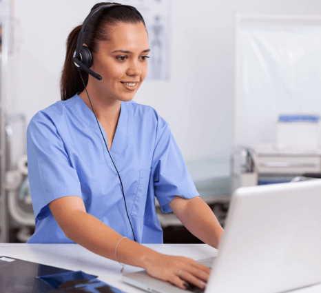 A doctor reviews a HIPAA-compliant portal while Research Transcription Services capture medical trial interviews.