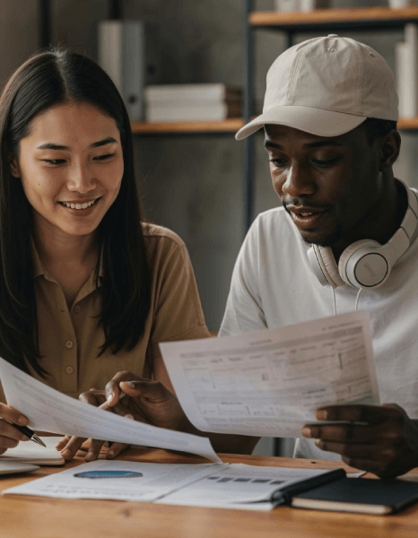 A client and translator review a visa packet as Georgian translation services align names, dates, and supporting records.