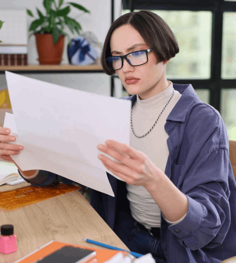 A linguist matches stamps and tables in a side-by-side file, using Romanian translation services for immigration records.