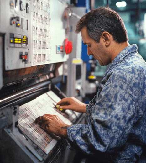 A maintenance lead reviews an industrial manual, using manufacturing translation services to restart machinery safely.