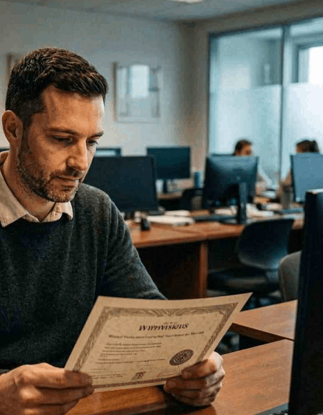 A translator checks a sector glossary while Slovenian translation services keep industry-specific terms consistent.