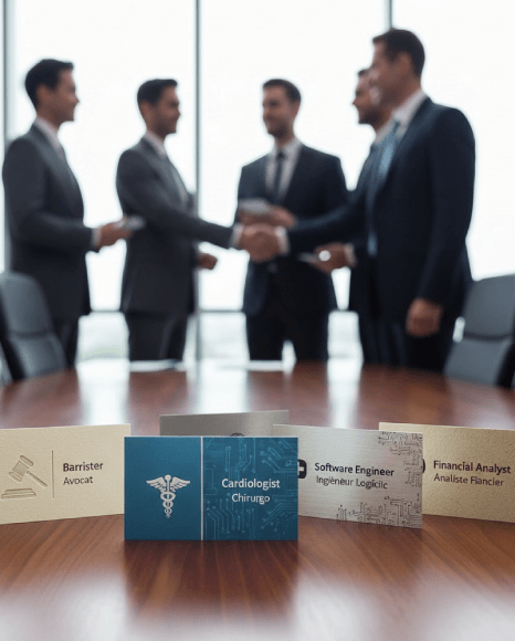 An industry-specific translator compares legal and medical titles during business card translation on a split screen.