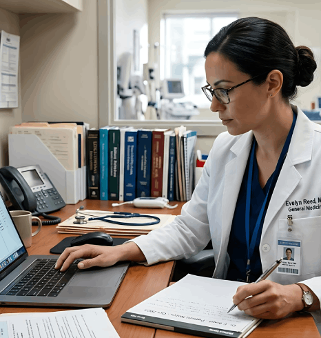 Clinician dictates patient notes as Swedish transcription services produce industry-specific medical transcripts with secure.