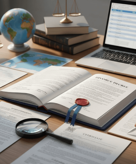 A translator compares a divorce decree from two countries, completing divorce certificate translation for jurisdictional.