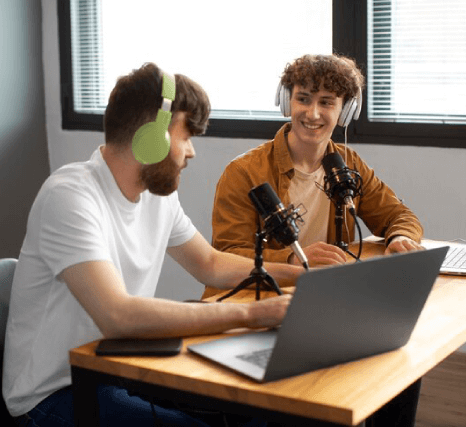 Two voice-over artists adjust language pairings for specific needs. Two voice-over artists adjust language pairings for specific needs.