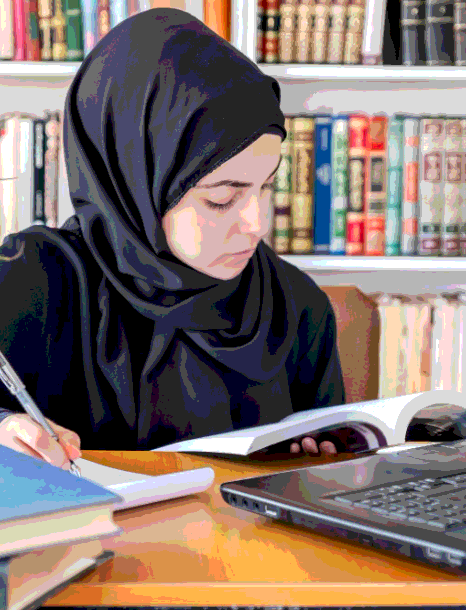 A grad student reads a lecture transcript with speaker labels, using Arabic Transcription Services for academic research.