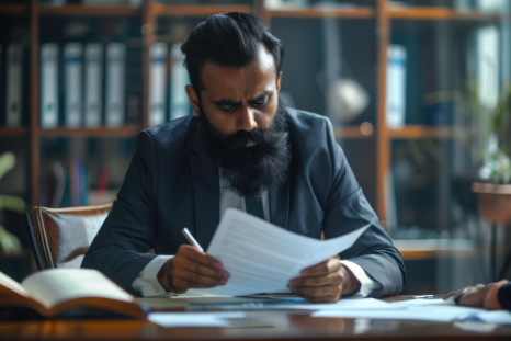 A lawyer reviews a certified contract draft as Punjabi Translation Services match names, dates, and clauses precisely.