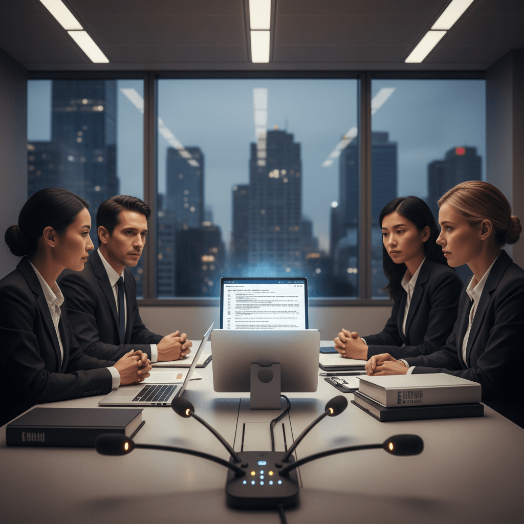 A paralegal prepares court exhibits using conference call transcription services with legal formatting and clean speaker.