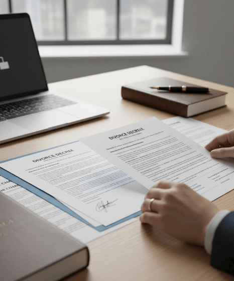A legal linguist compares a divorce decree and draft, completing divorce certificate translation with court-ready formatting.