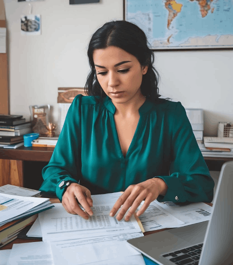 A paralegal checks seals and dates on court forms as Gujarati Translation Services prepares clear legal record translations.