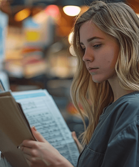 A linguistics-trained translator checks terminology in a screenplay, using script translation services to avoid media errors.