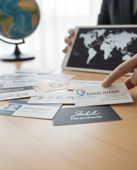 A marketer reviews a multilingual business card translation pack with five languages laid out for a global product rollout.