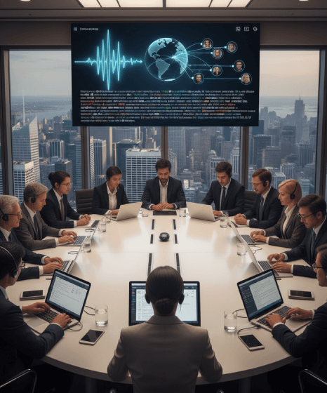 A team reviews a multilingual transcript with side-by-side translation as conference call transcription services finish.