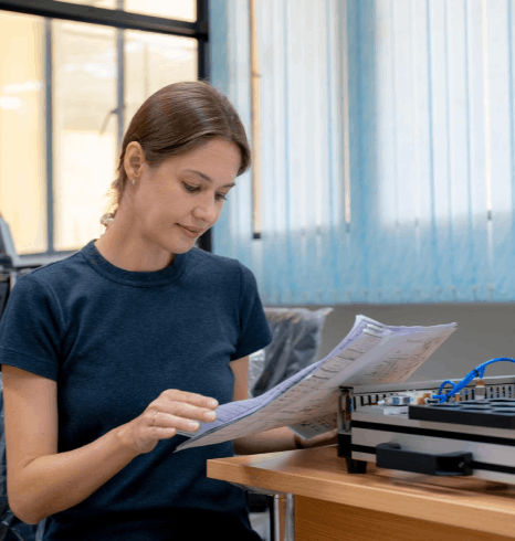 A linguist compares multilingual segments after machine translation services and edits for clarity, tone, and consistency.