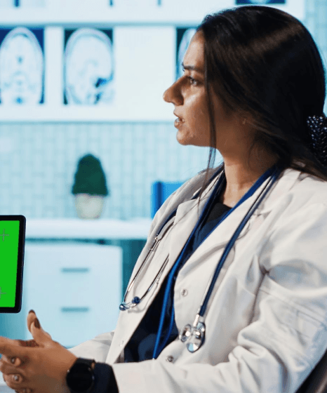 A doctor formats multispecialty reports for EHR upload using medical transcription services with speaker IDs.