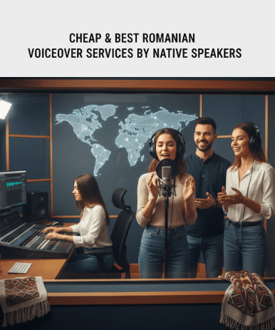 A native speaker records in a studio booth, delivering Romanian VoiceOver Services with clear, affordable, realistic